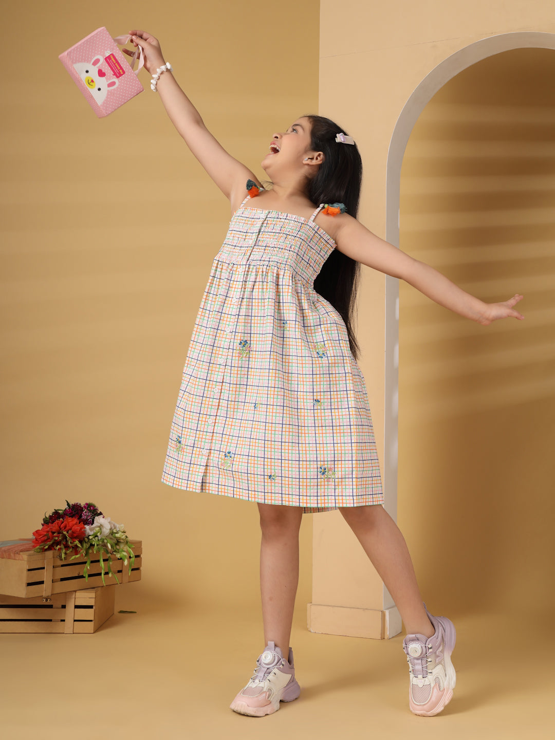 Multicolor Checks Smocked Embroidery Dress