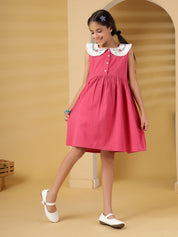 Pink Sleeveless Collar Embroidery Dress