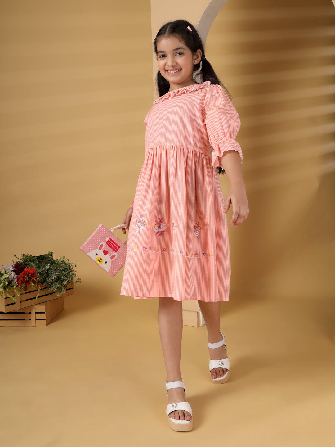 Peach Striped Embroidered Dress