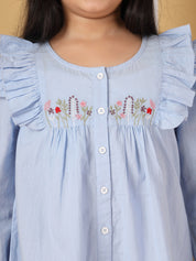 Powder Blue Ruffle Detail Embroidered Top