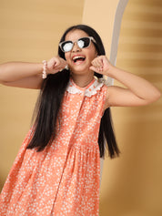 Orange Print Collar Embroidery Detail Dress
