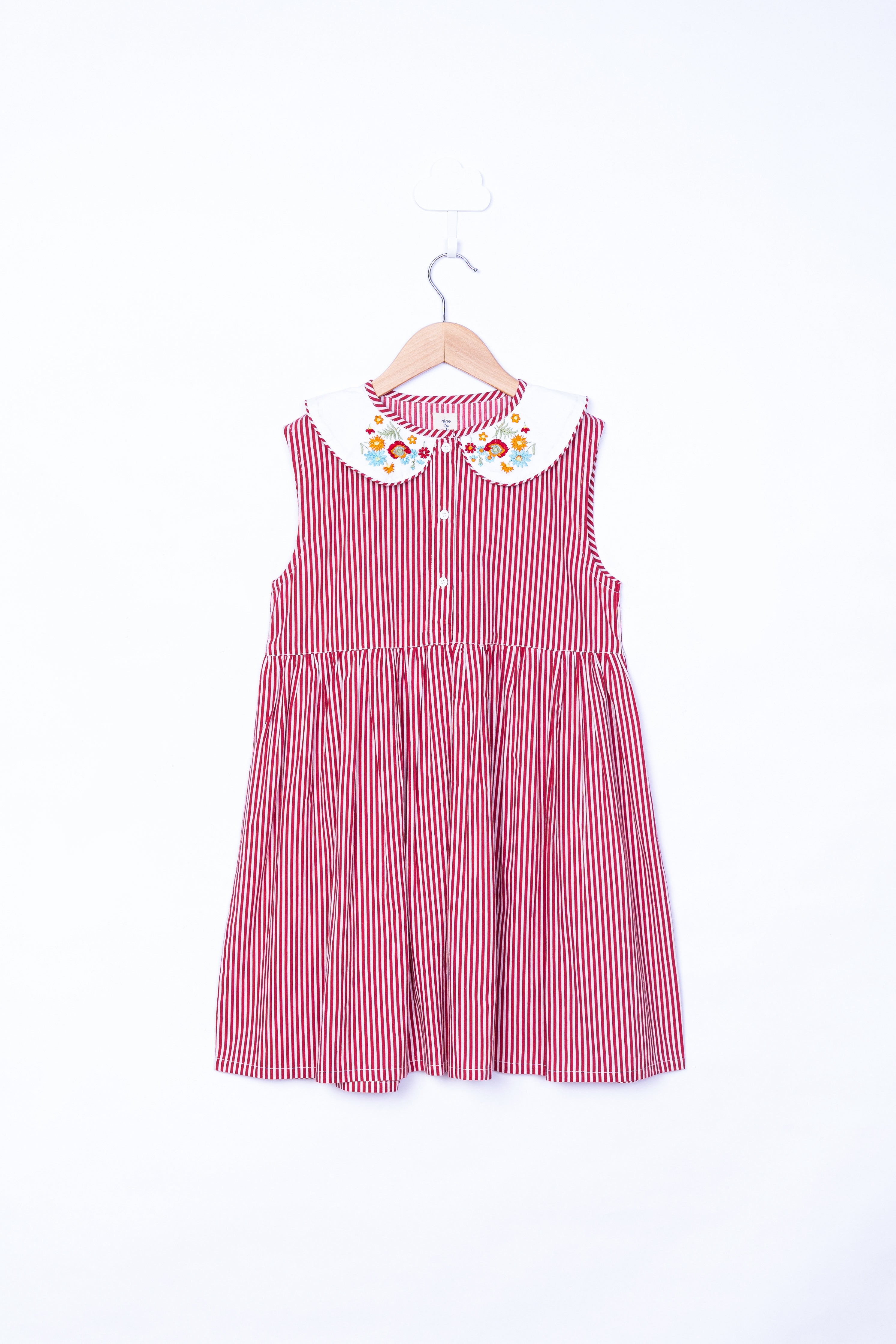 Red Stripe and Embroidery Collar Dress