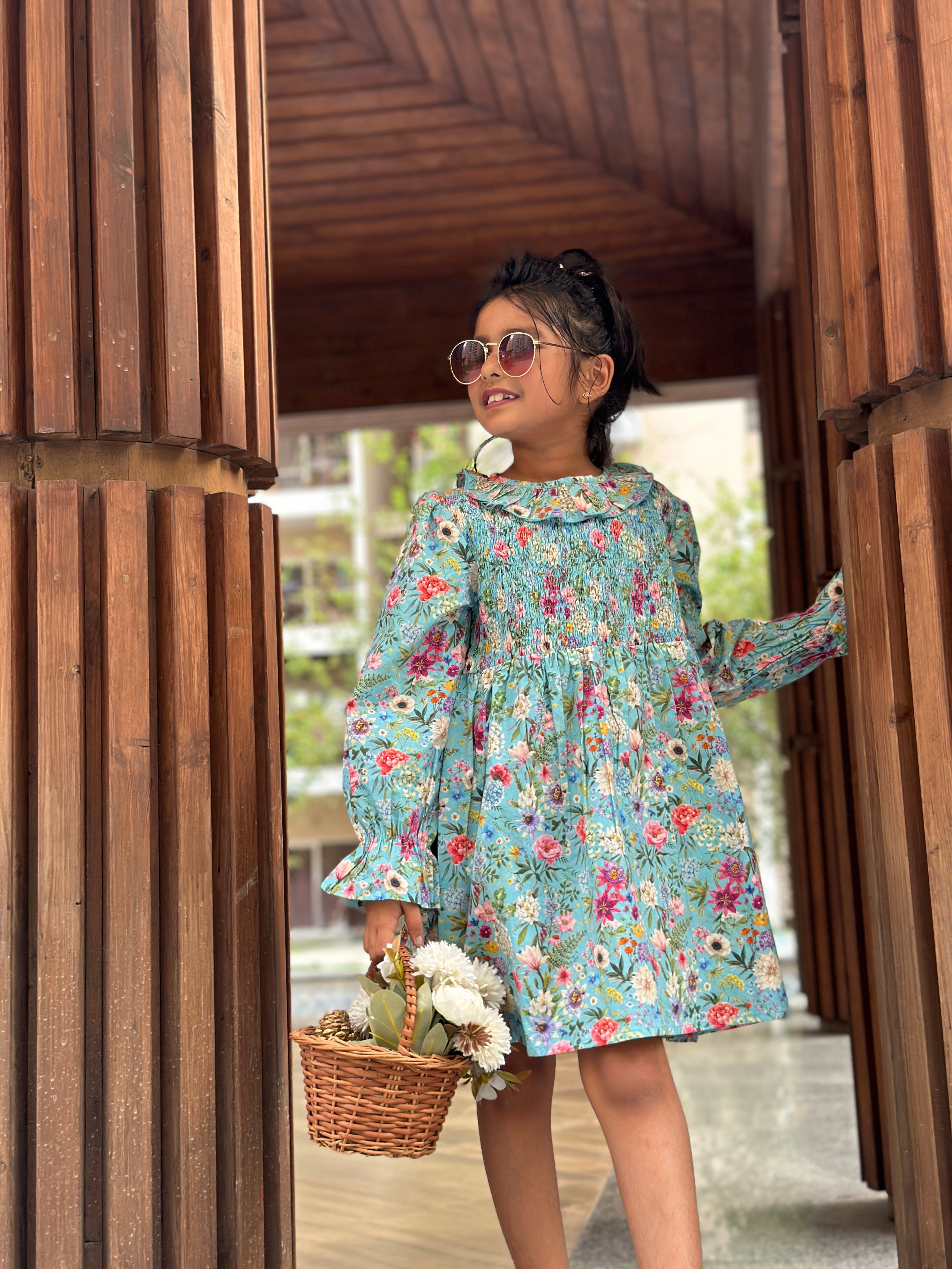 Blue Print & Smocking Detail Dress