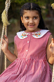 Red Stripe and Embroidery Collar Dress