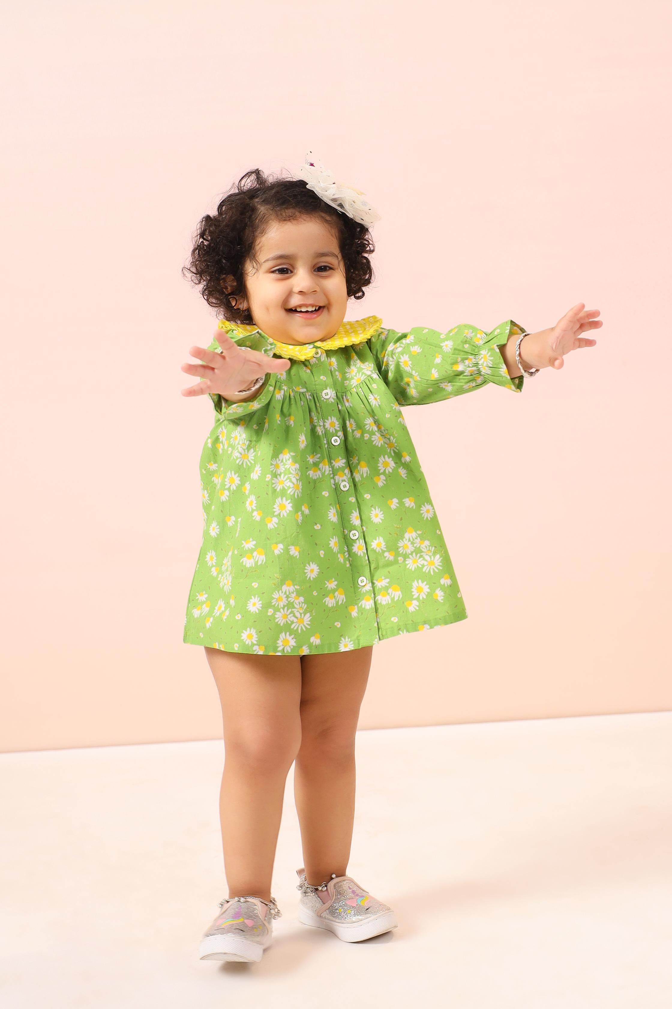 Discover Infant Green Sunflower Dress for girls online, perfect for summer, skin-friendly cotton dress The Little Trunk Discover Infant Green Sunflower Dress for girls online, perfect for summer, skin-friendly cotton dress The Little Trunk
