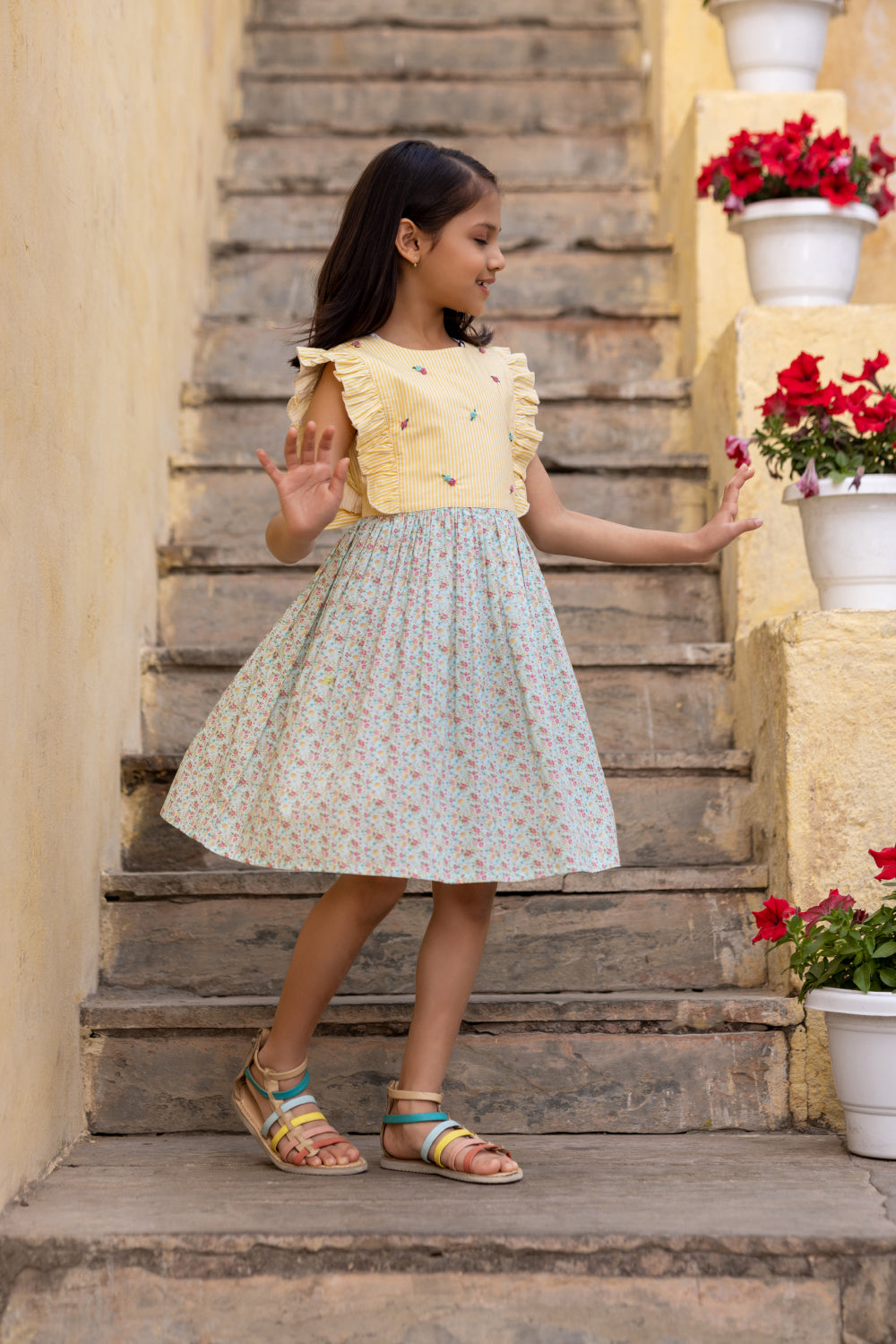 Yellow Stripe & Floral Print Dress