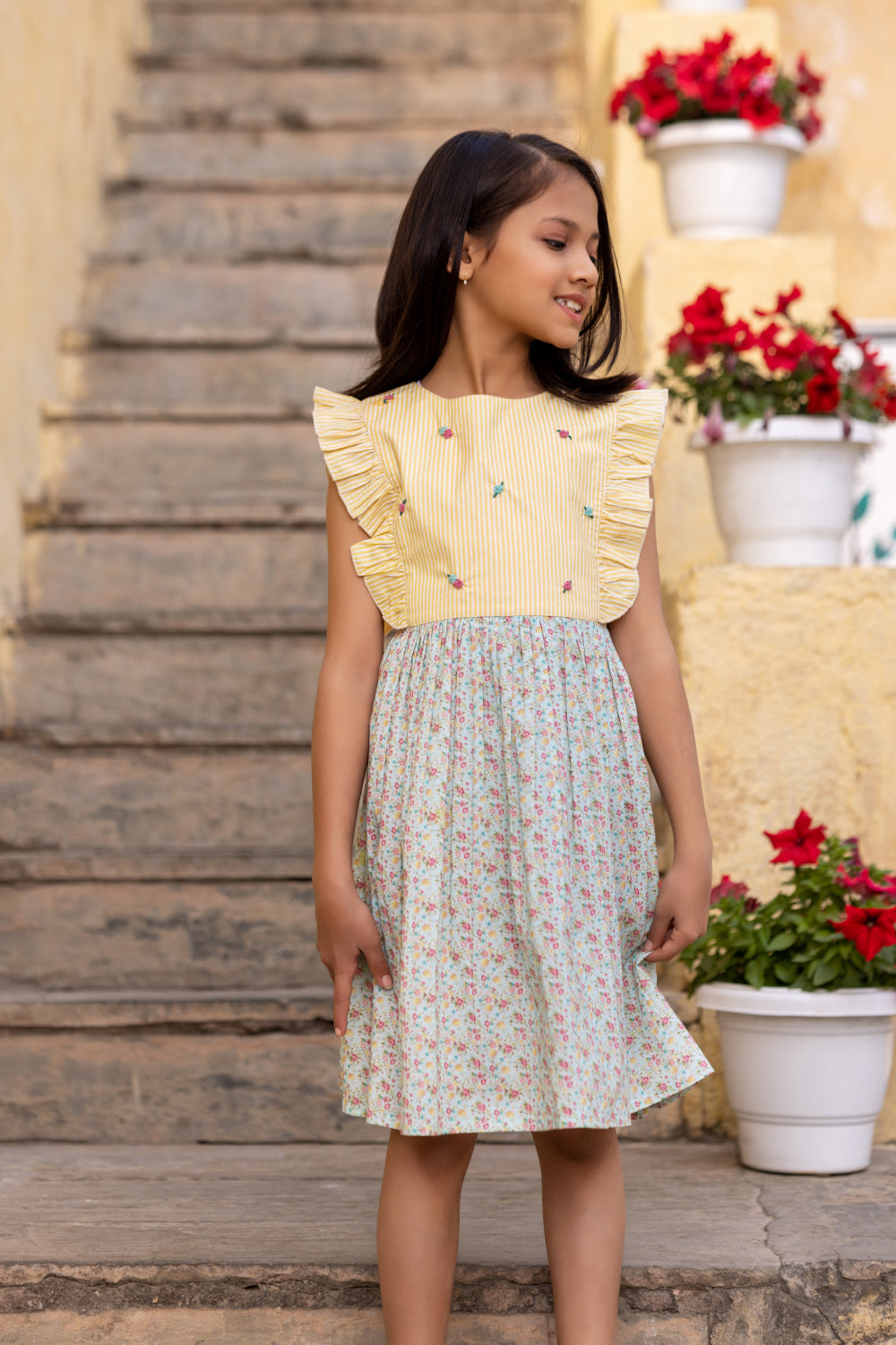 Yellow Stripe & Floral Print Dress