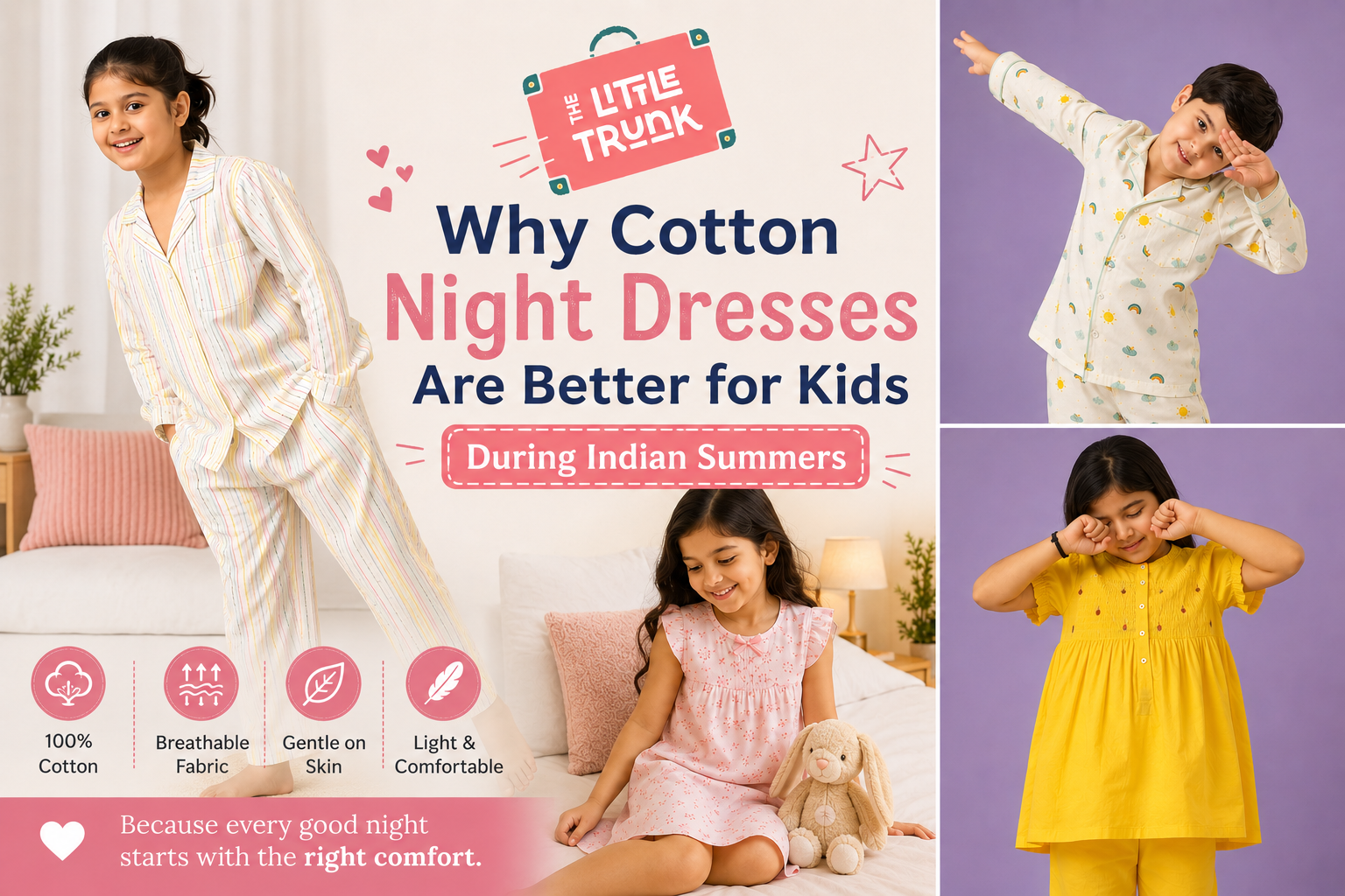Baby girl wearing a cotton night dress during summer for comfortable sleep