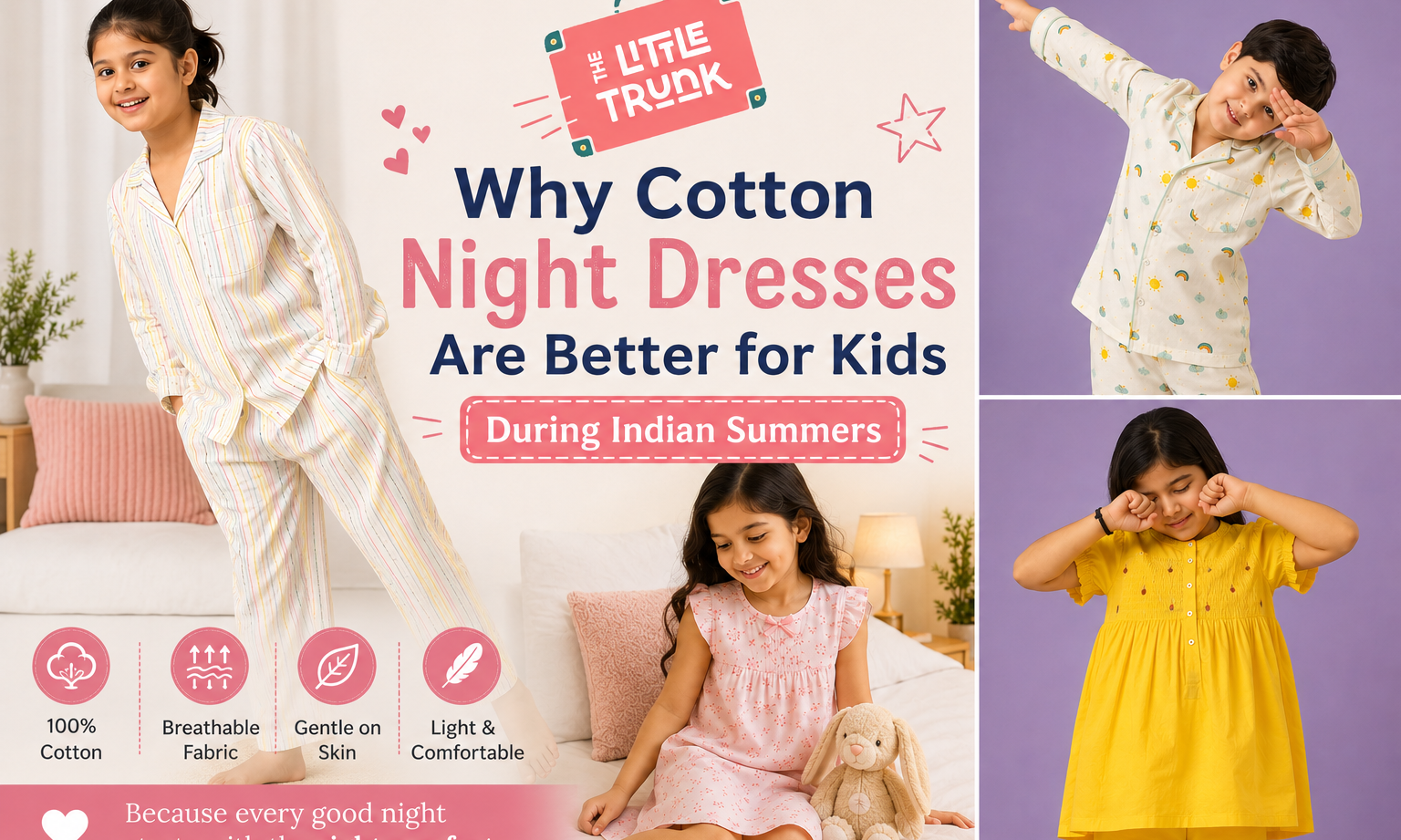 Baby girl wearing a cotton night dress during summer for comfortable sleep