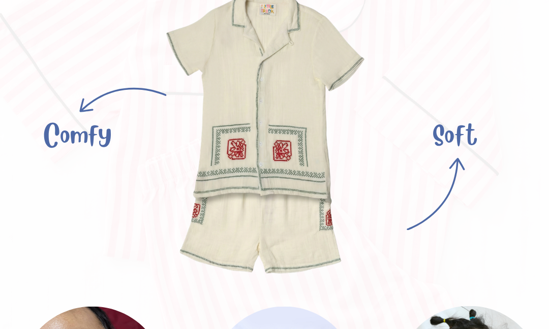 Cream cotton co-ord set for kids by Little Trunk highlighting soft, breathable, and skin-friendly cotton kidswear for children with sensitive skin.