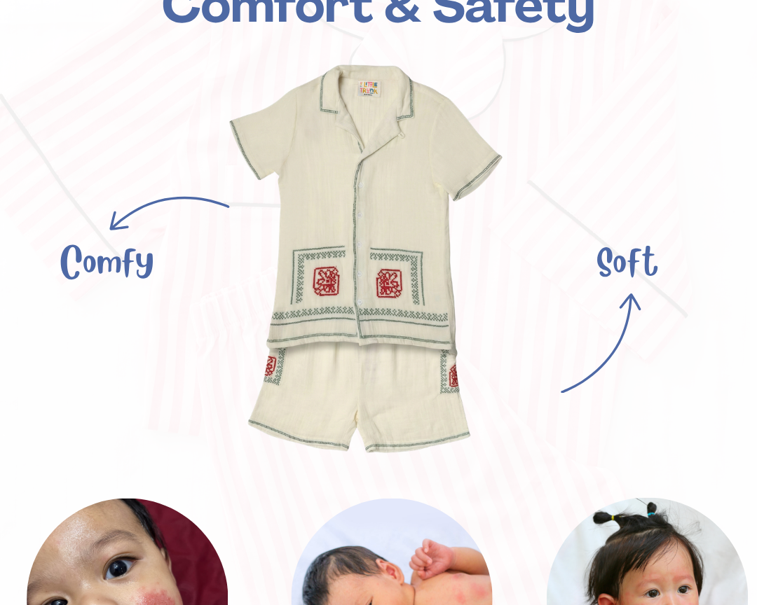 Cream cotton co-ord set for kids by Little Trunk highlighting soft, breathable, and skin-friendly cotton kidswear for children with sensitive skin.