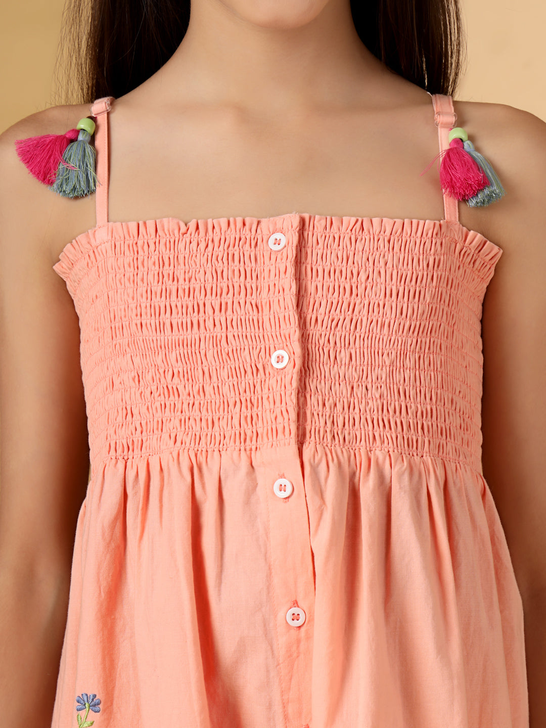 Peach Smocking Embroidery Detail Dress