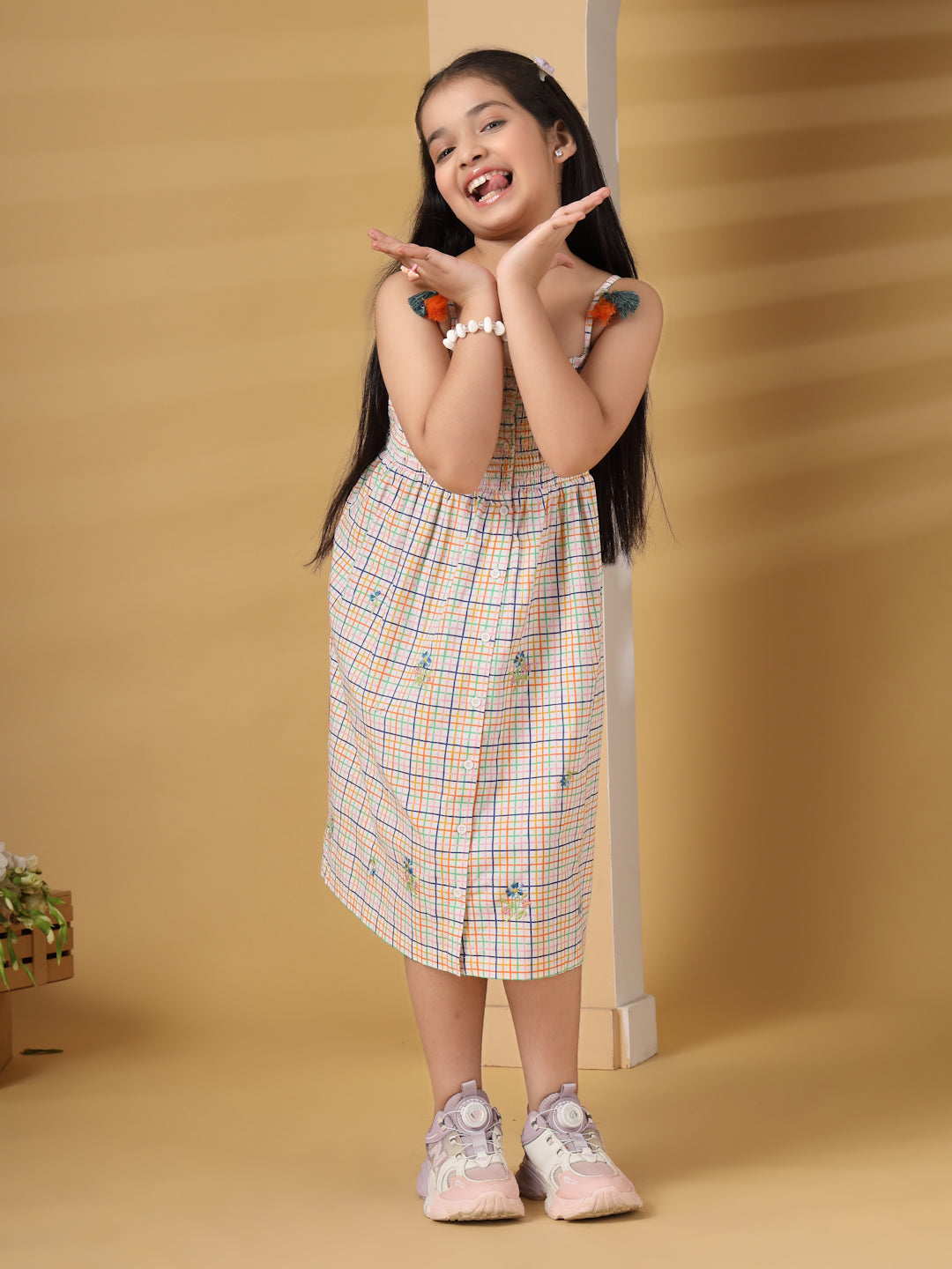 Multicolor Checks Smocked Embroidery Dress