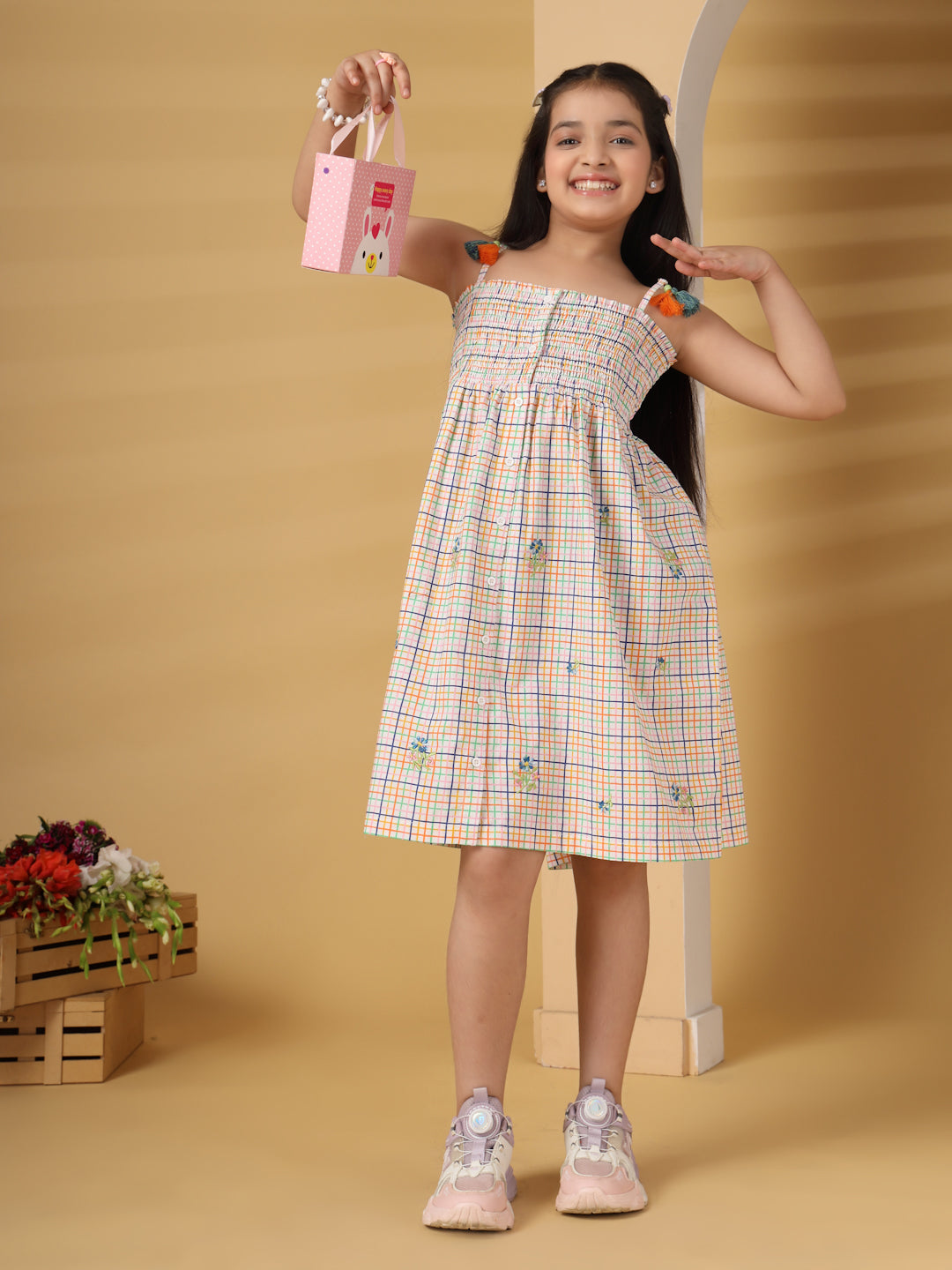 Multicolor Checks Smocked Embroidery Dress