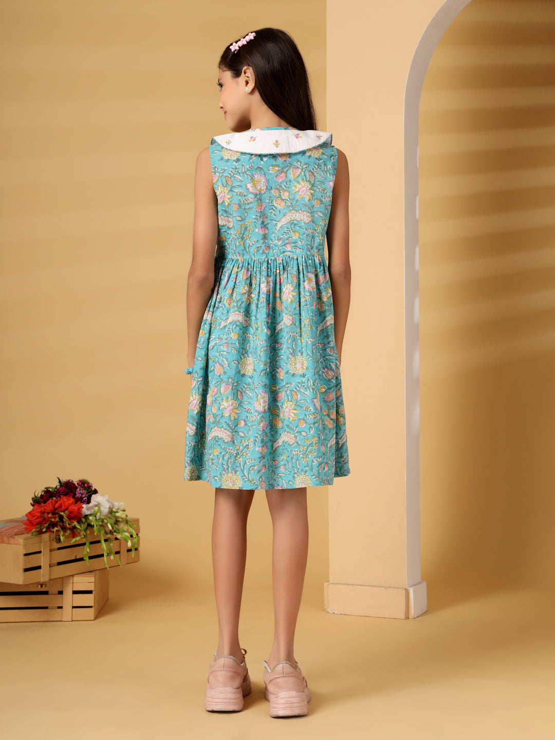 Green Block Print Peter-Pan Collar Dress