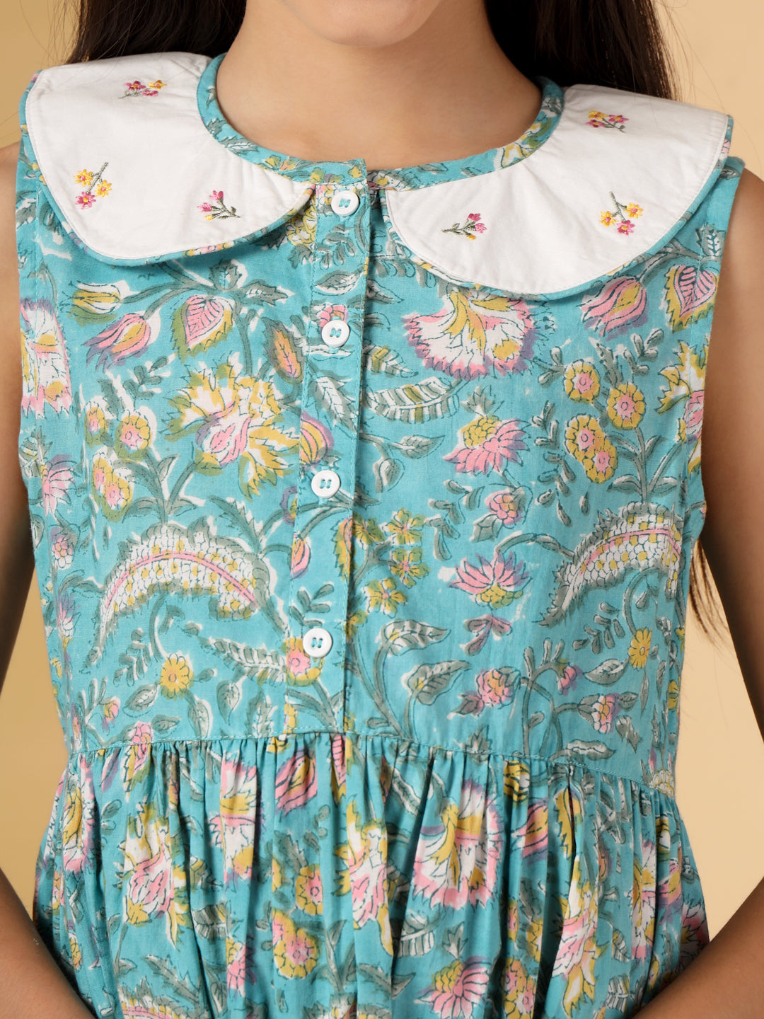 Green Block Print Peter-Pan Collar Dress