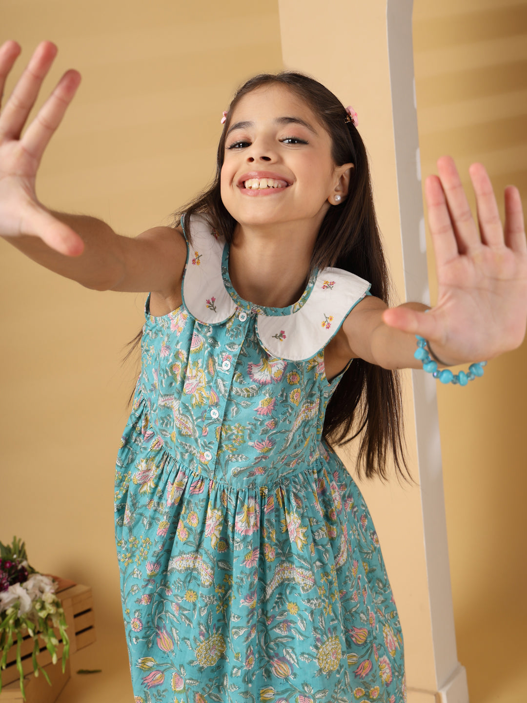 Green Block Print Peter-Pan Collar Dress