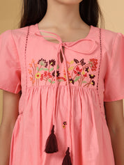 Pink Embroidered Dress with Tassels