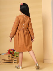 Rust Embroidered Long Sleeve Dress