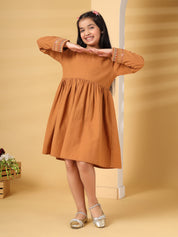 Rust Embroidered Long Sleeve Dress