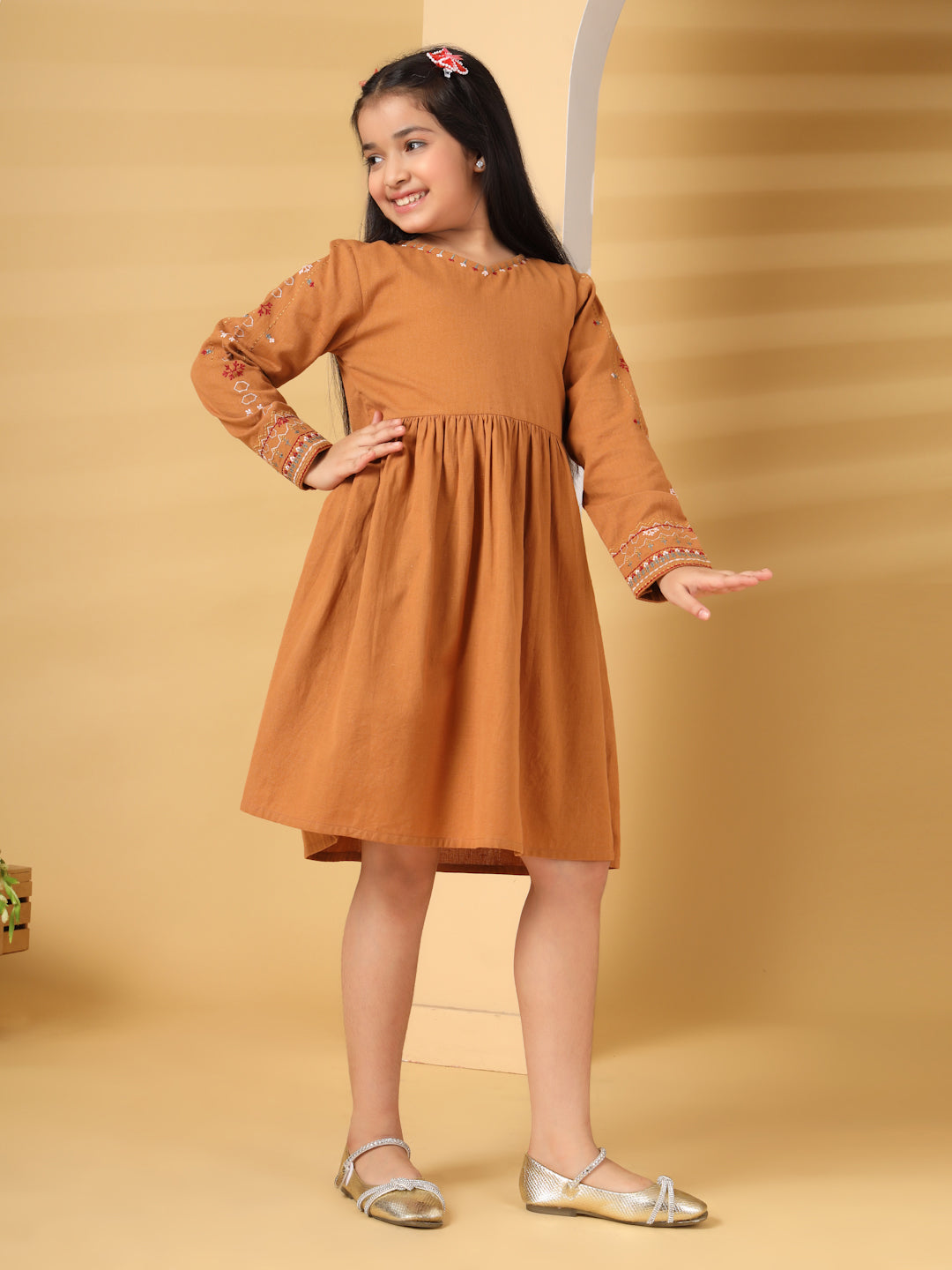 Rust Embroidered Long Sleeve Dress
