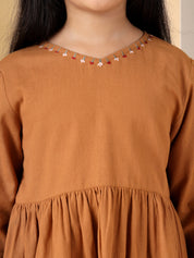 Rust Embroidered Long Sleeve Dress