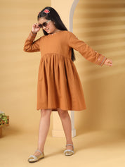 Rust Embroidered Long Sleeve Dress