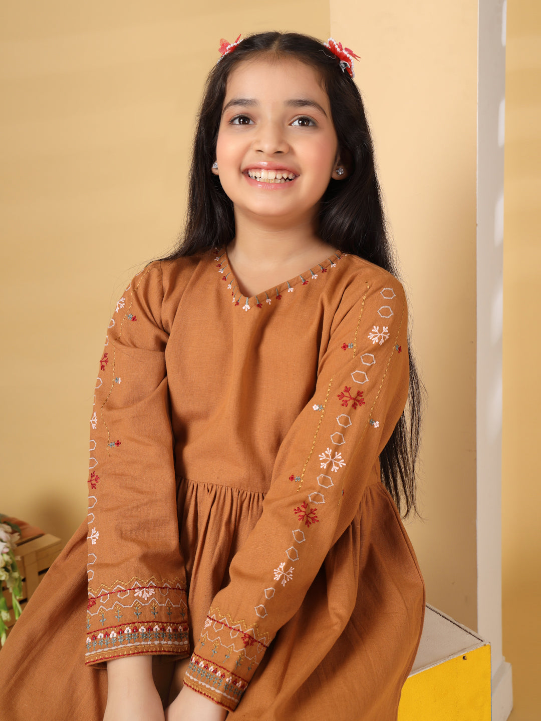 Rust Embroidered Long Sleeve Dress