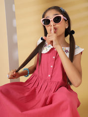 Pink Sleeveless Collar Embroidery Dress