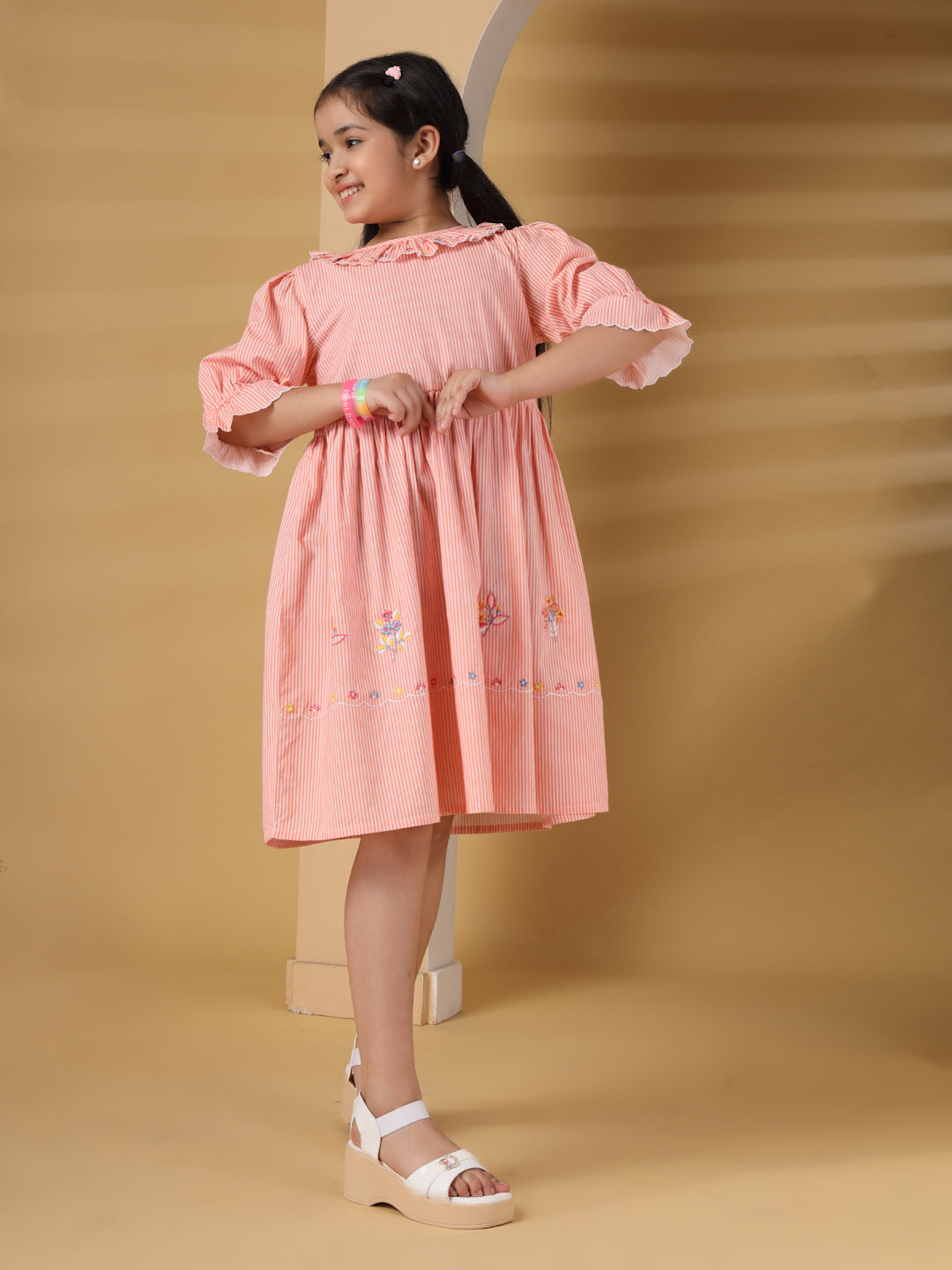 Peach Striped Embroidered Dress