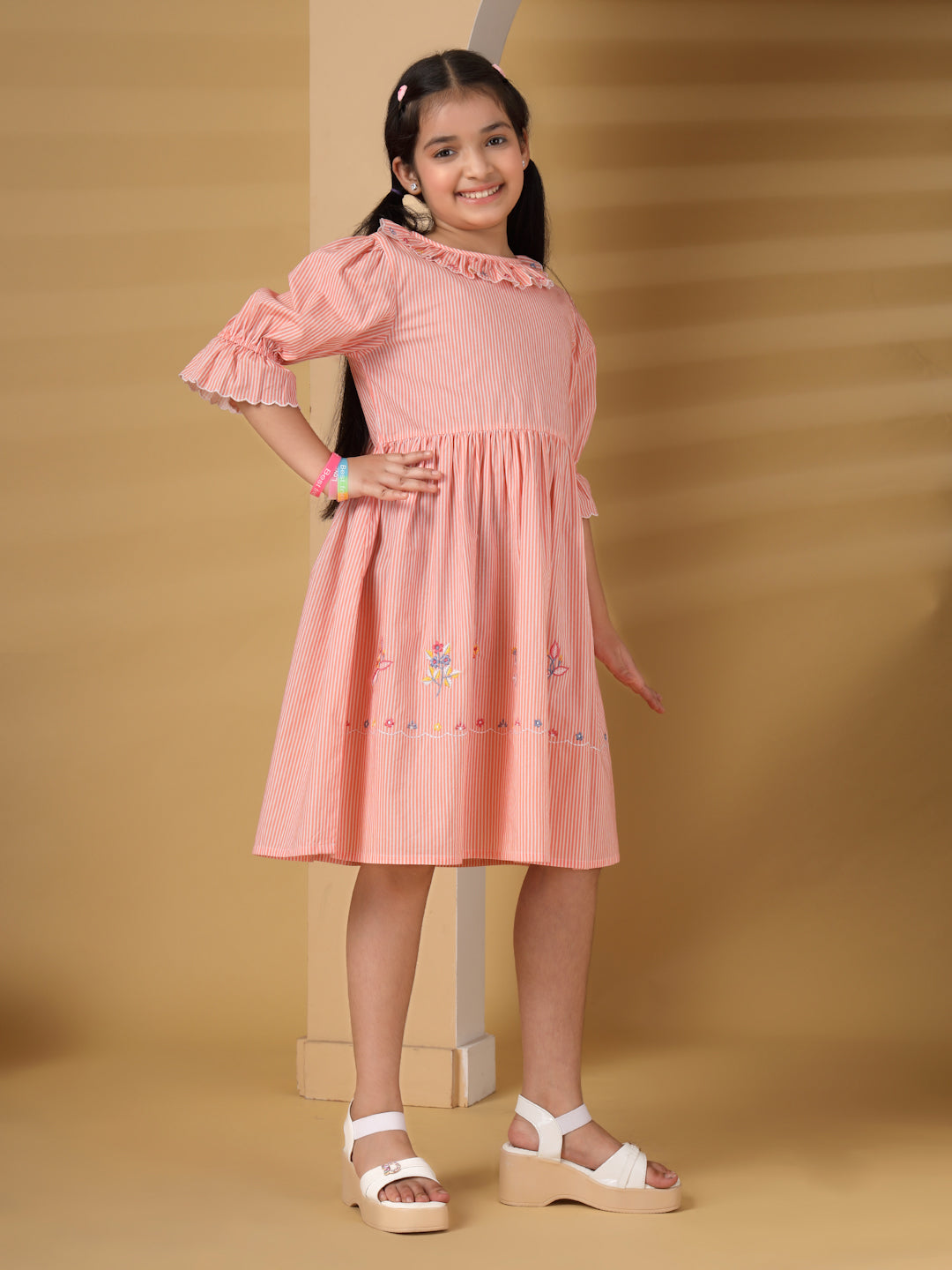 Peach Striped Embroidered Dress