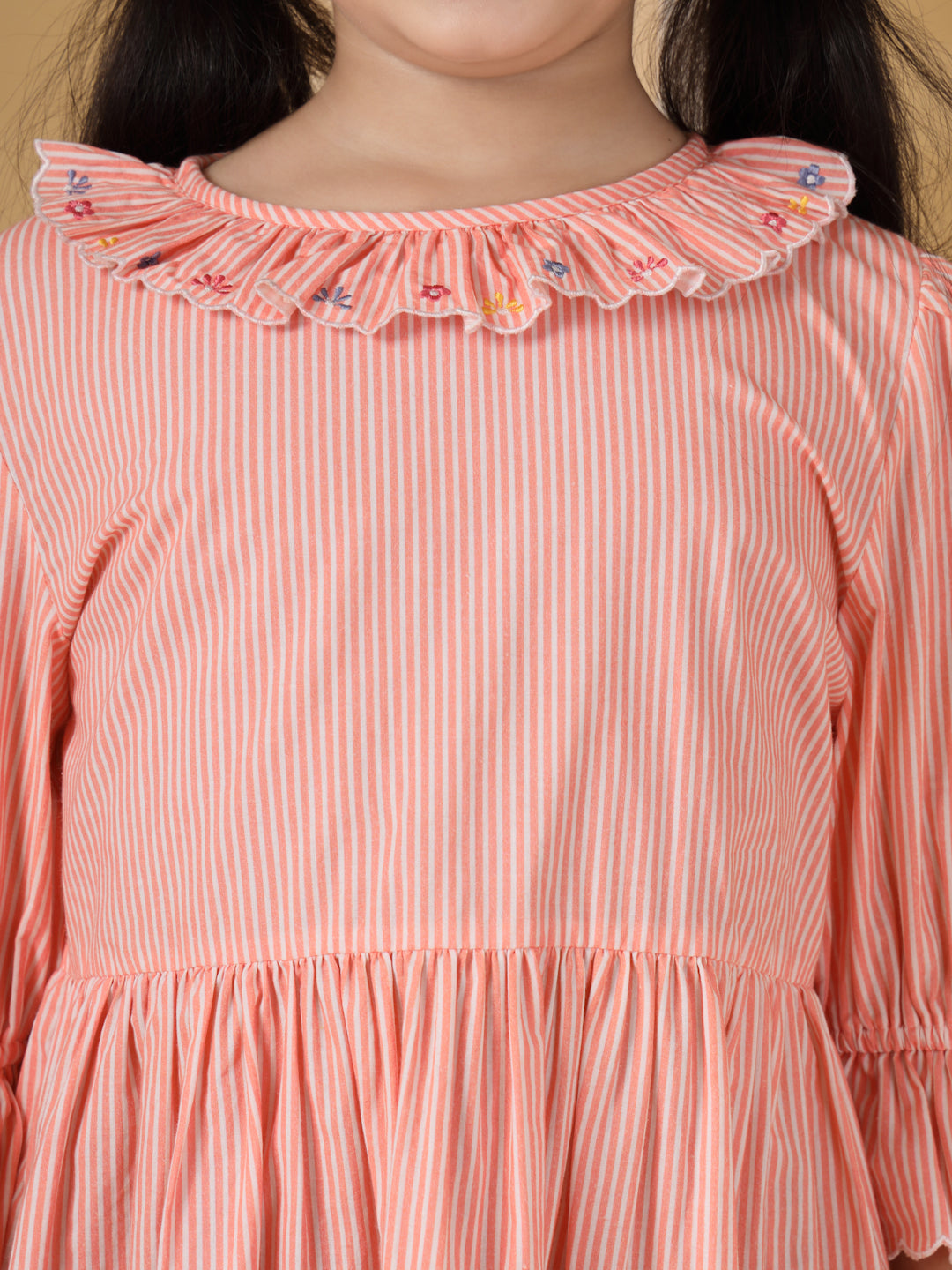 Peach Striped Embroidered Dress