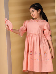 Peach Striped Embroidered Dress