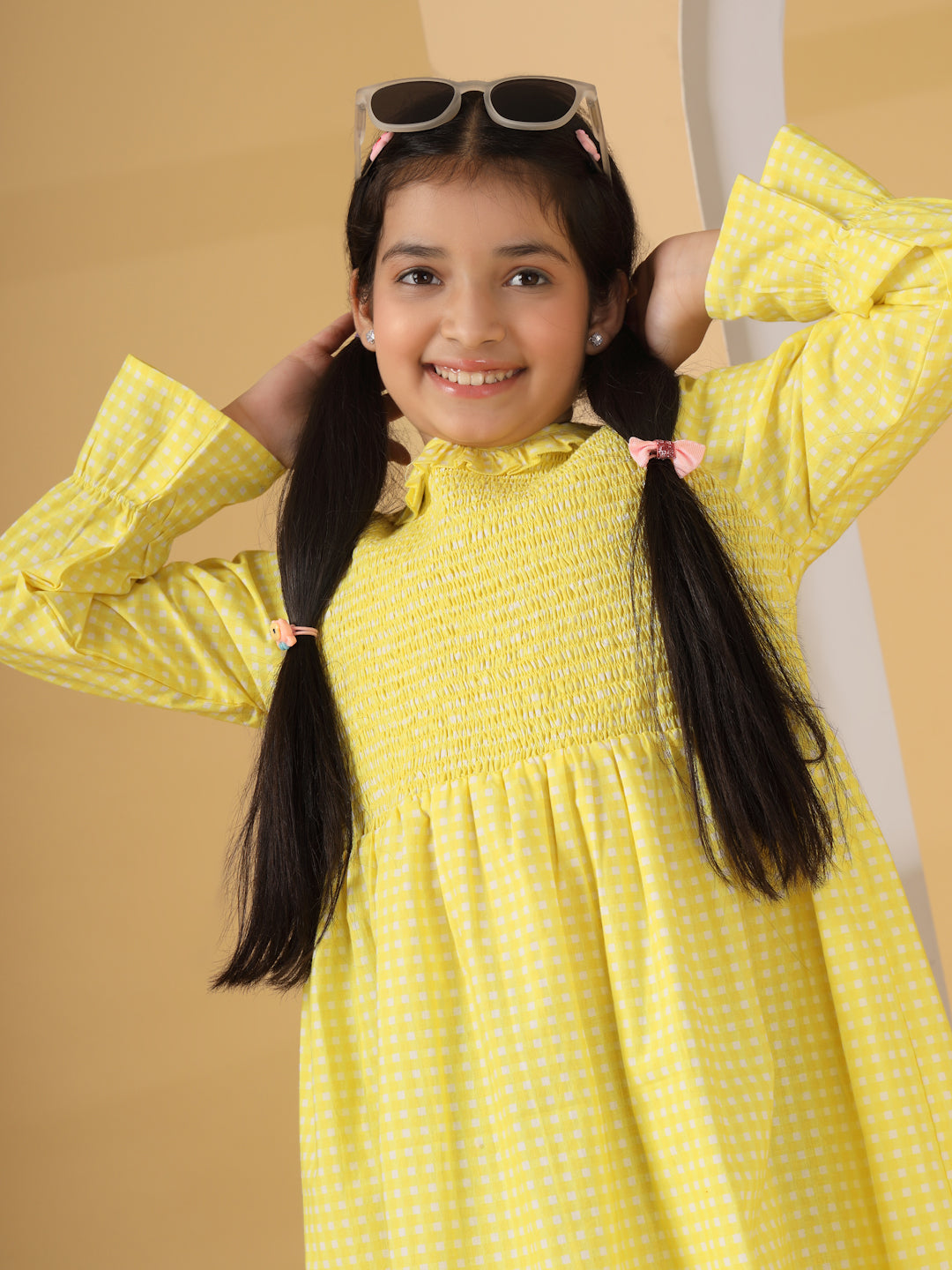 Yellow Checks Smocking Dress