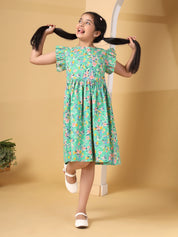 White & Green Floral Printed Pinafore Dress