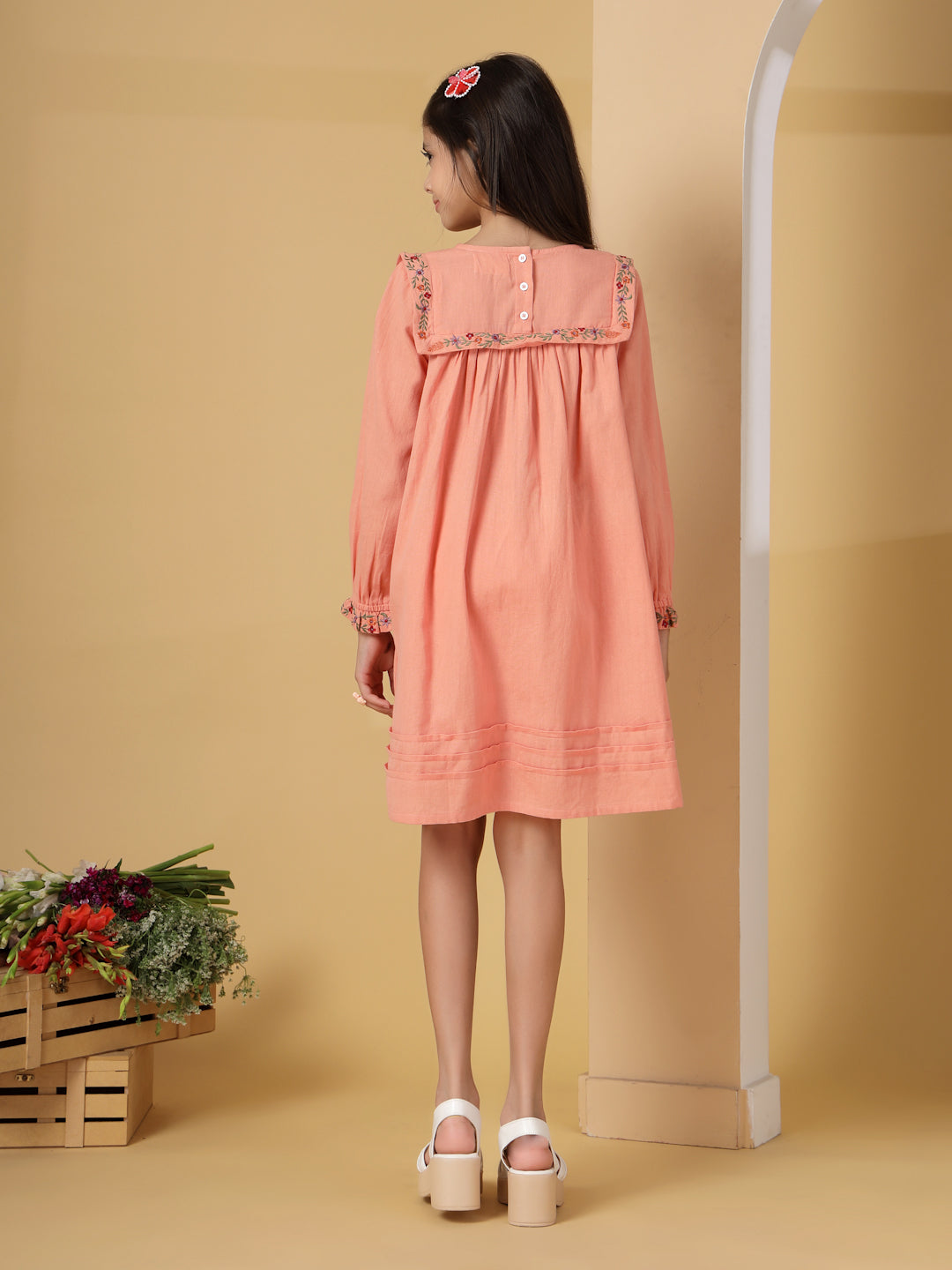 Peach Embroidered Yoke Dress