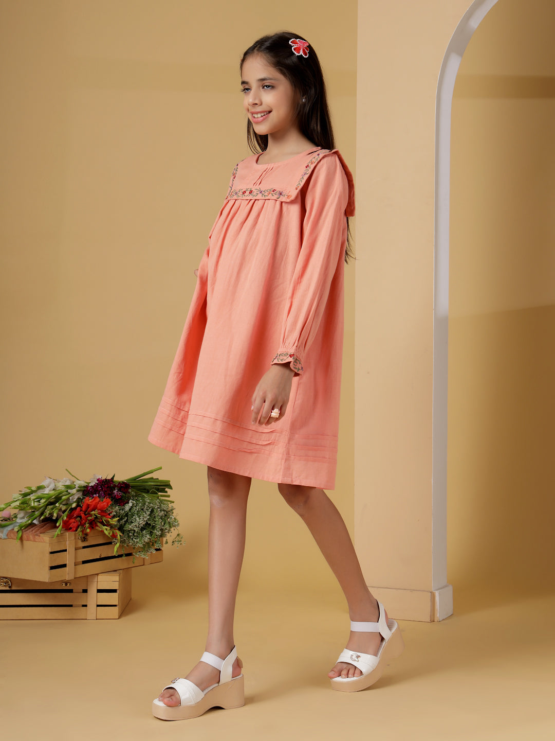 Peach Embroidered Yoke Dress