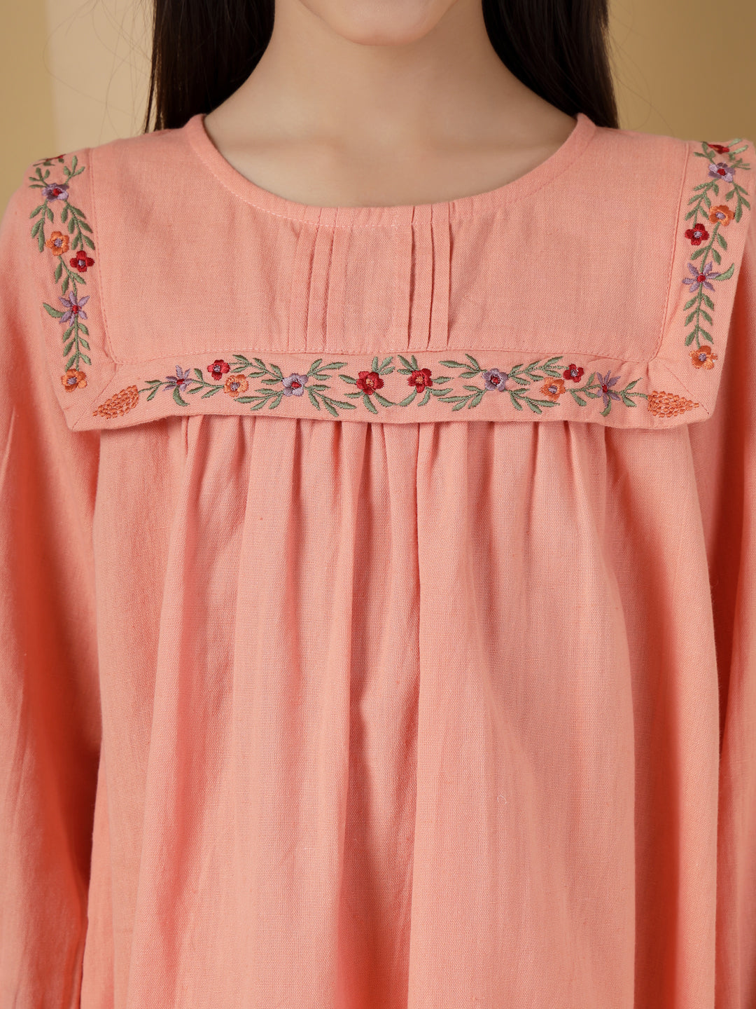 Peach Embroidered Yoke Dress