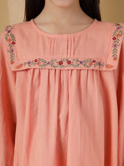 Peach Embroidered Yoke Dress