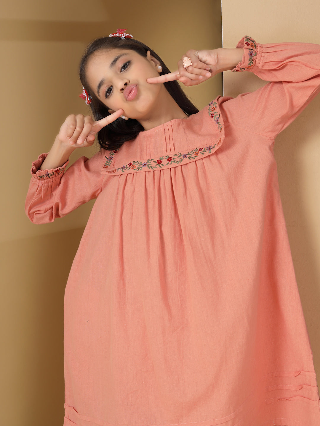 Peach Embroidered Yoke Dress