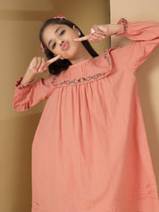 Peach Embroidered Yoke Dress