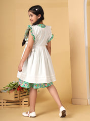 White & Green Floral Printed Pinafore Dress