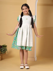 White & Green Floral Printed Pinafore Dress