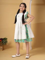 White & Green Floral Printed Pinafore Dress