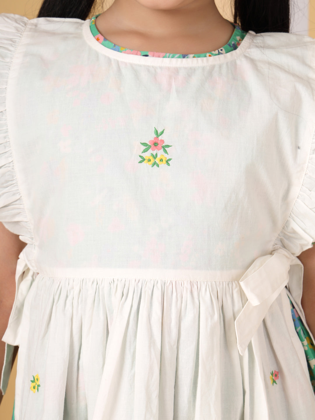 White & Green Floral Printed Pinafore Dress