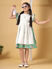 White & Green Floral Printed Pinafore Dress