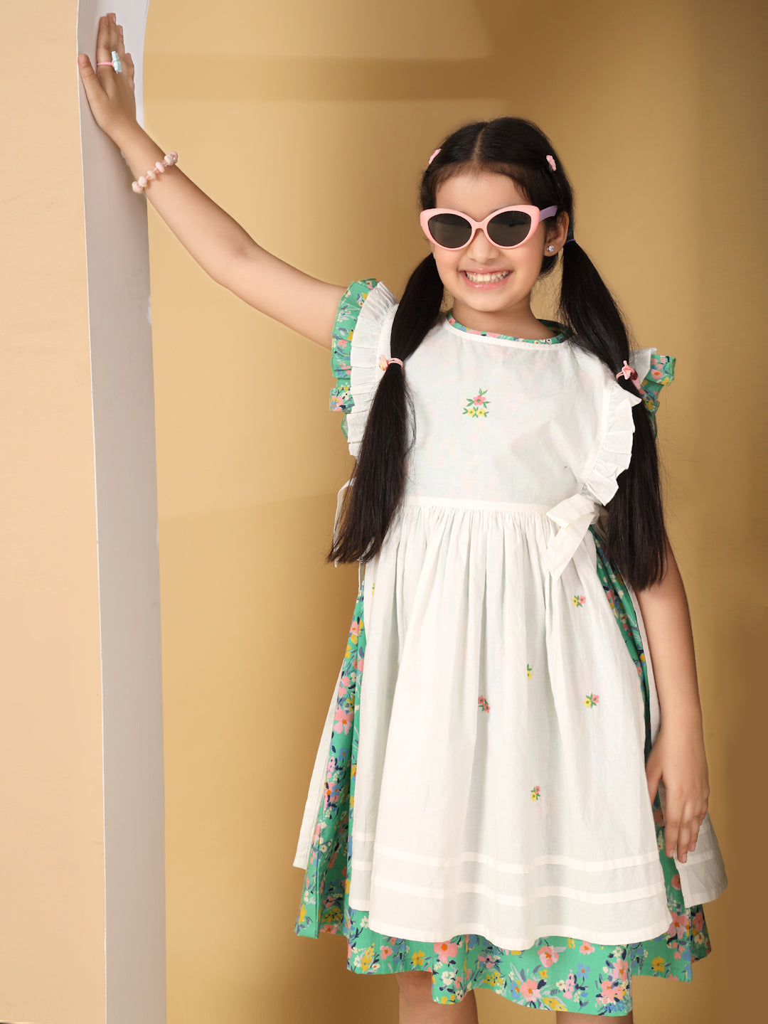 White & Green Floral Printed Pinafore Dress
