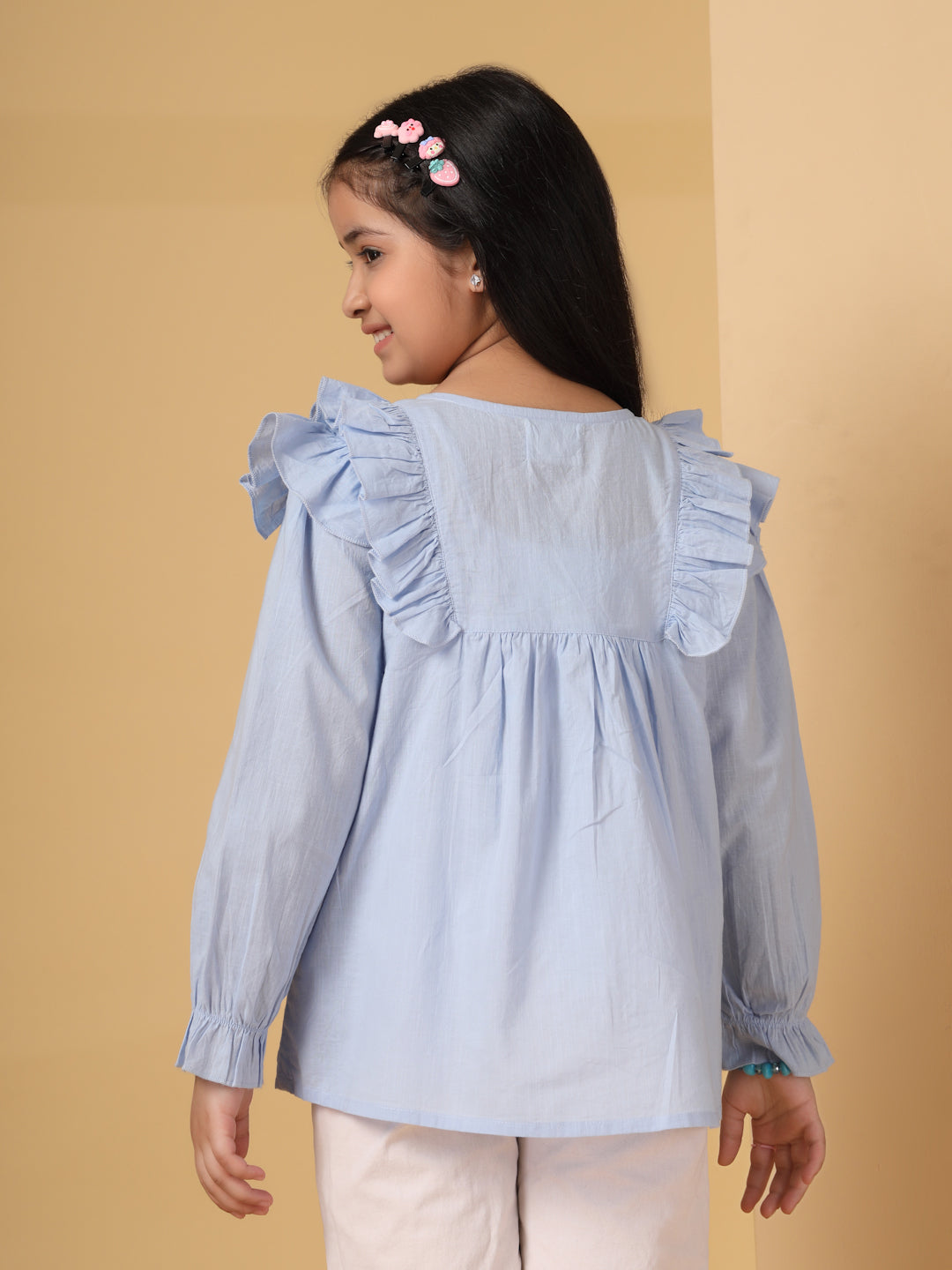 Powder Blue Ruffle Detail Embroidered Top