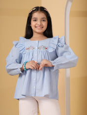 Powder Blue Ruffle Detail Embroidered Top