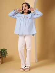 Powder Blue Ruffle Detail Embroidered Top